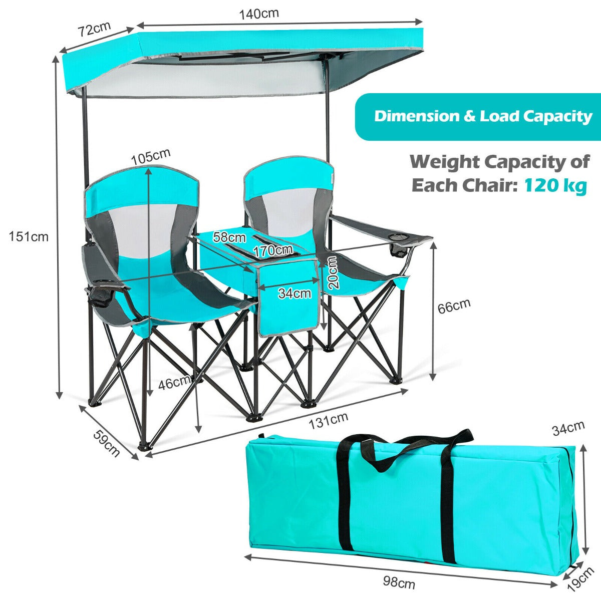 Double Folding Camping Chair with Canopy and Armrests-Blue