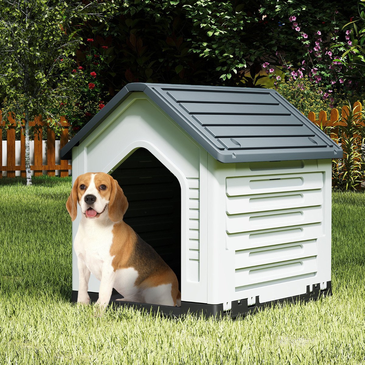 Plastic Dog House with Metal Lockable Door and Air Vents-Grey