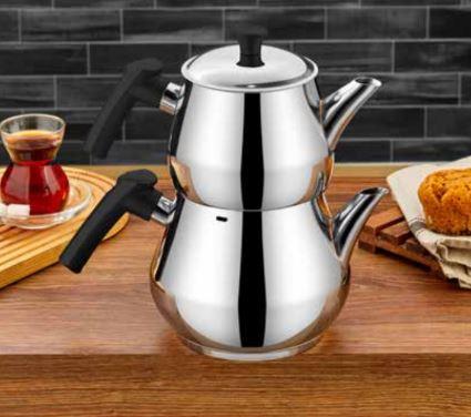 Premium Stainless Steel Medium Size Turkish Teapot Set with Black Handles