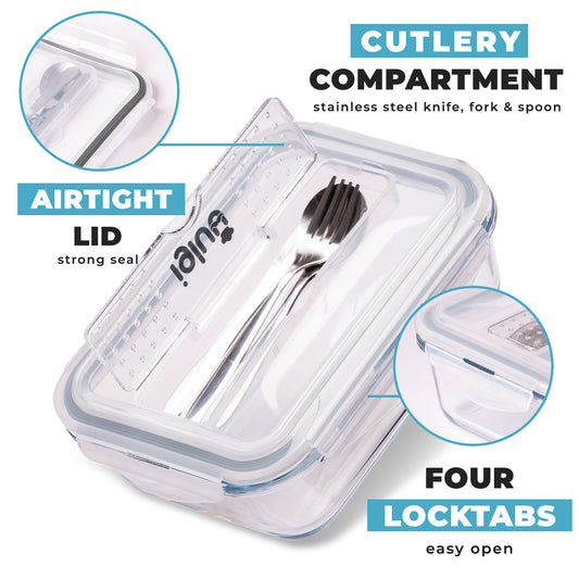 Glass Meal Prep Containers with Cutlery Lid | 1050ml | Set of 3