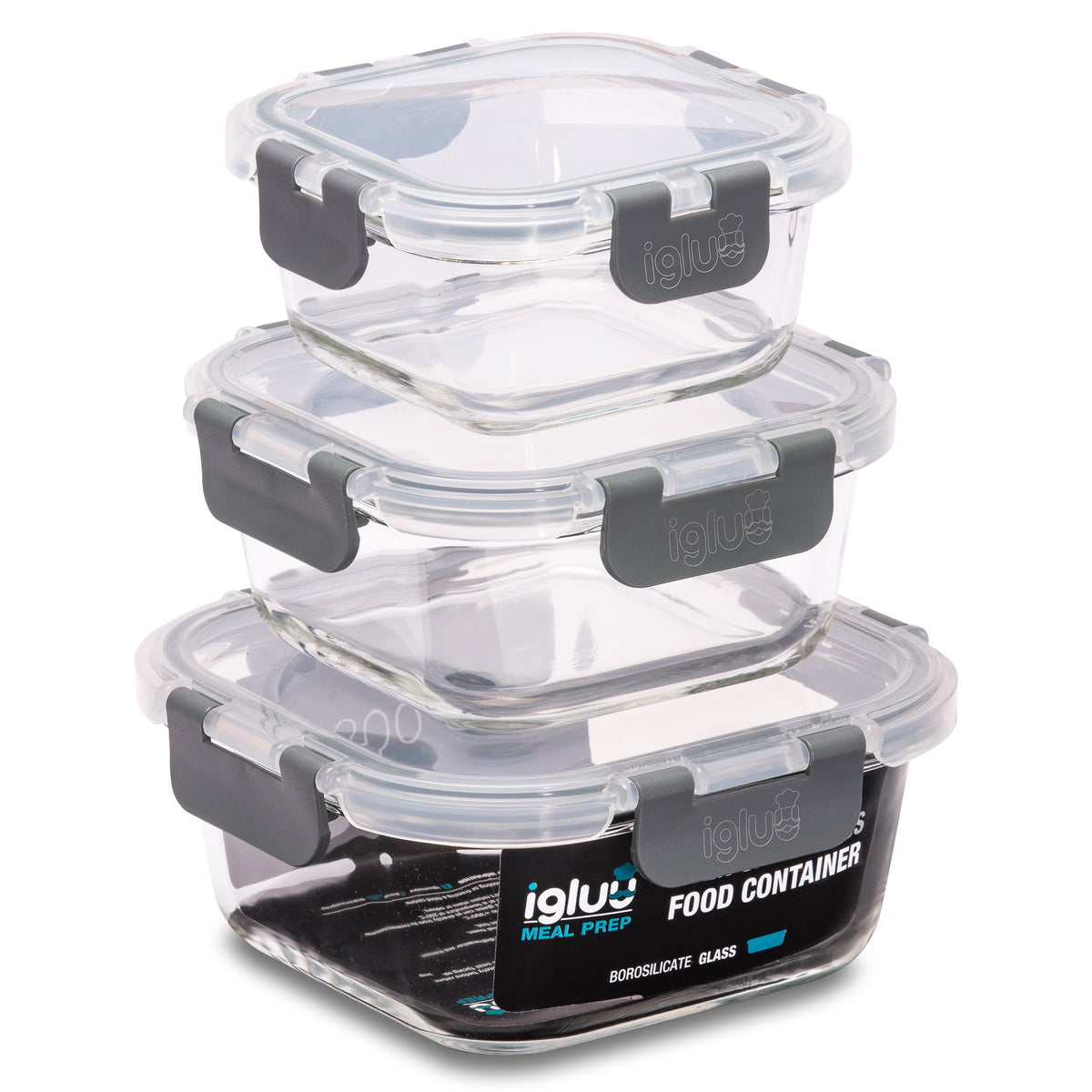 Glass Stackable Square Containers - 800ml 520ml & 320ml - 3 PACK