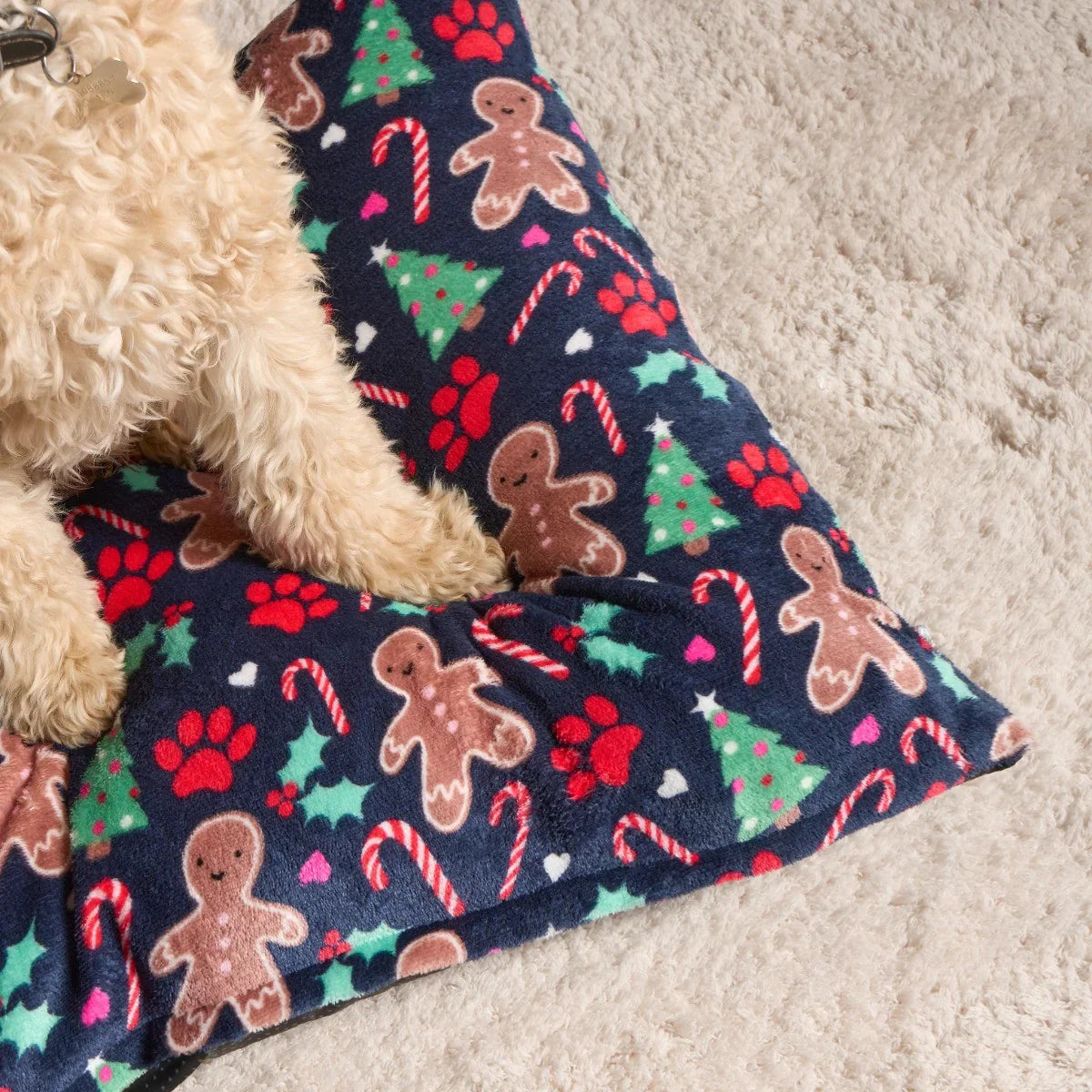 Gingerbread Paw Print Pet Bed - Navy