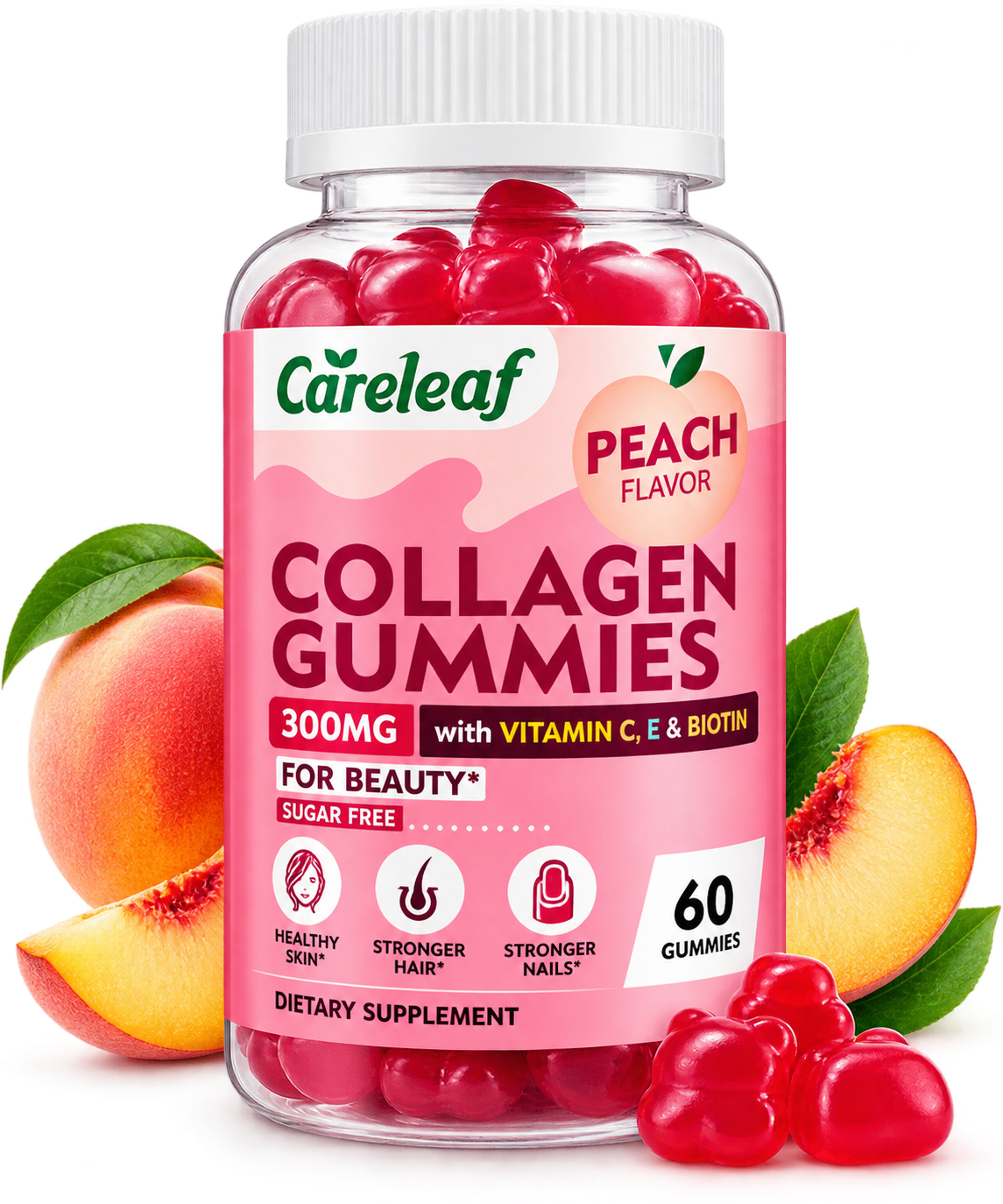Careleaf Collagen Gummies Peach Flavour | 300mg with Vitamin C, E & Biotin | 60 Gummies