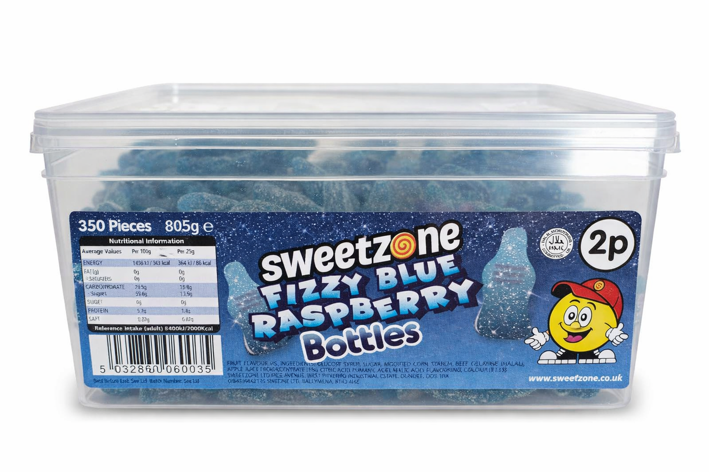 SweetZone Fizzy Blue Raspberry Bottles Tub | 350 Pieces | 805g