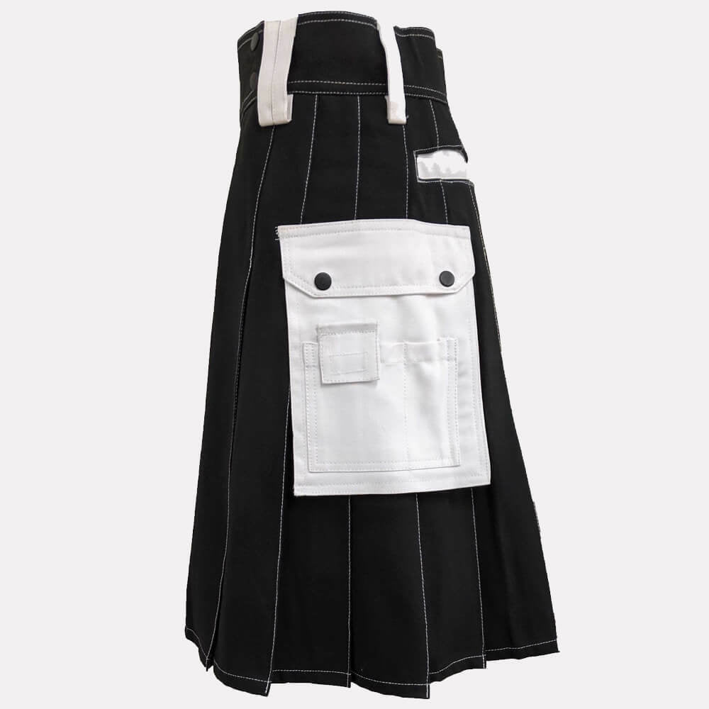 Black & White Utility Work Kilt for Men | Multi-Pocket Cotton Drill