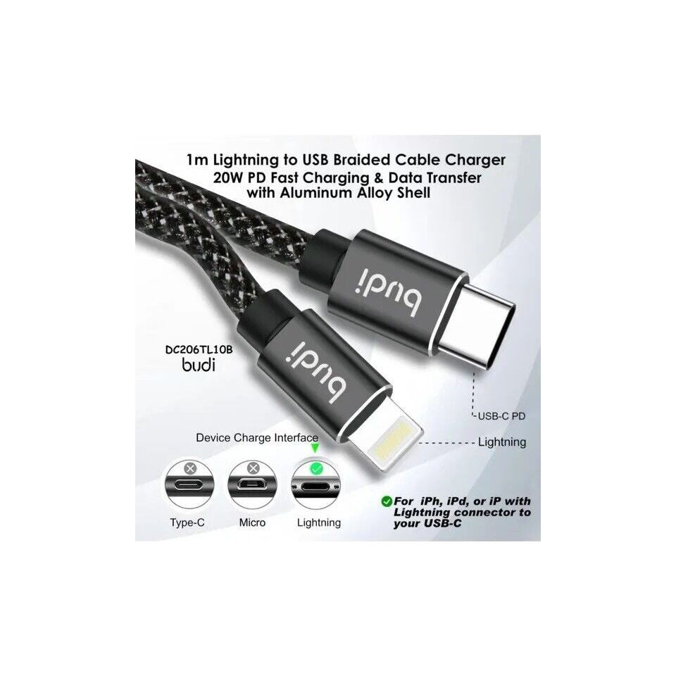 Budi 1M USB-C to Lightning Braided Cable | 20W PD Fast Charging | iPhone & iPad