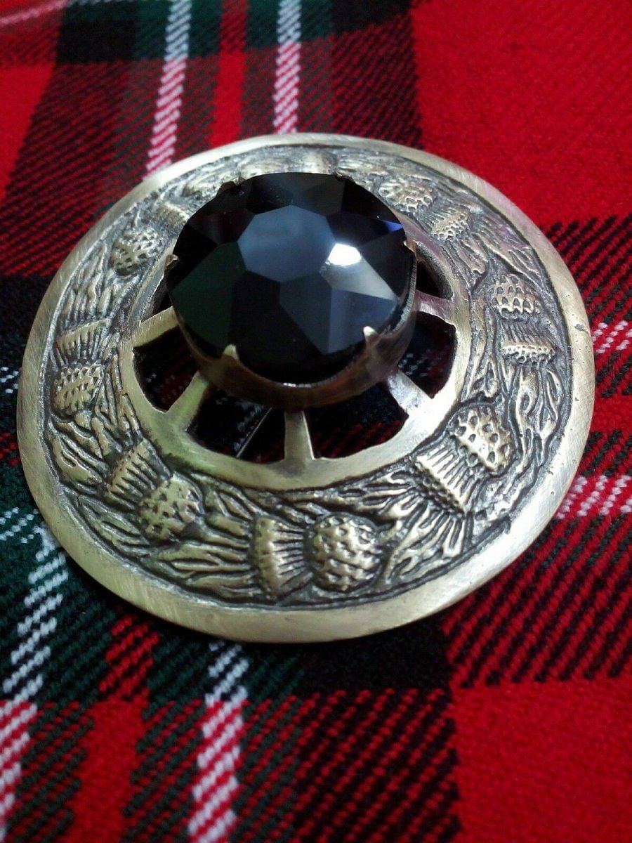 Scottish Highland Kilt Fly Plaid Brooch Thistle Design Antique Finish 3"