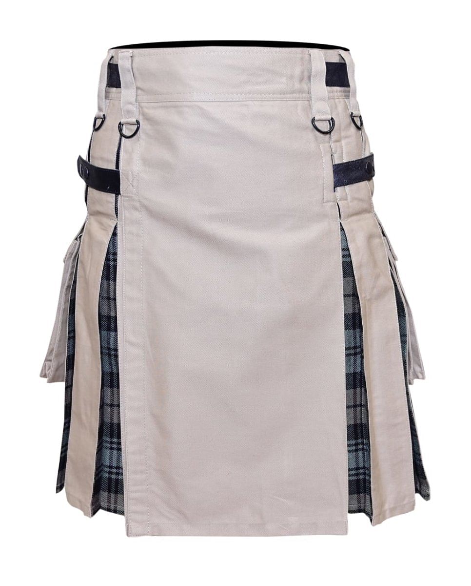 Scottish Men 100% Cotton Fashion Beige & Black Watch Weathered Tartan Hybrid Kilt Men