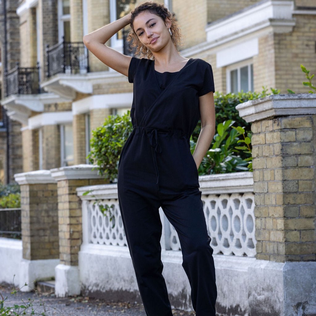 Breastfeeding Jumpsuit Black – Classic Cotton Nursing Jumpsuit with Pockets | Sizes 6-24