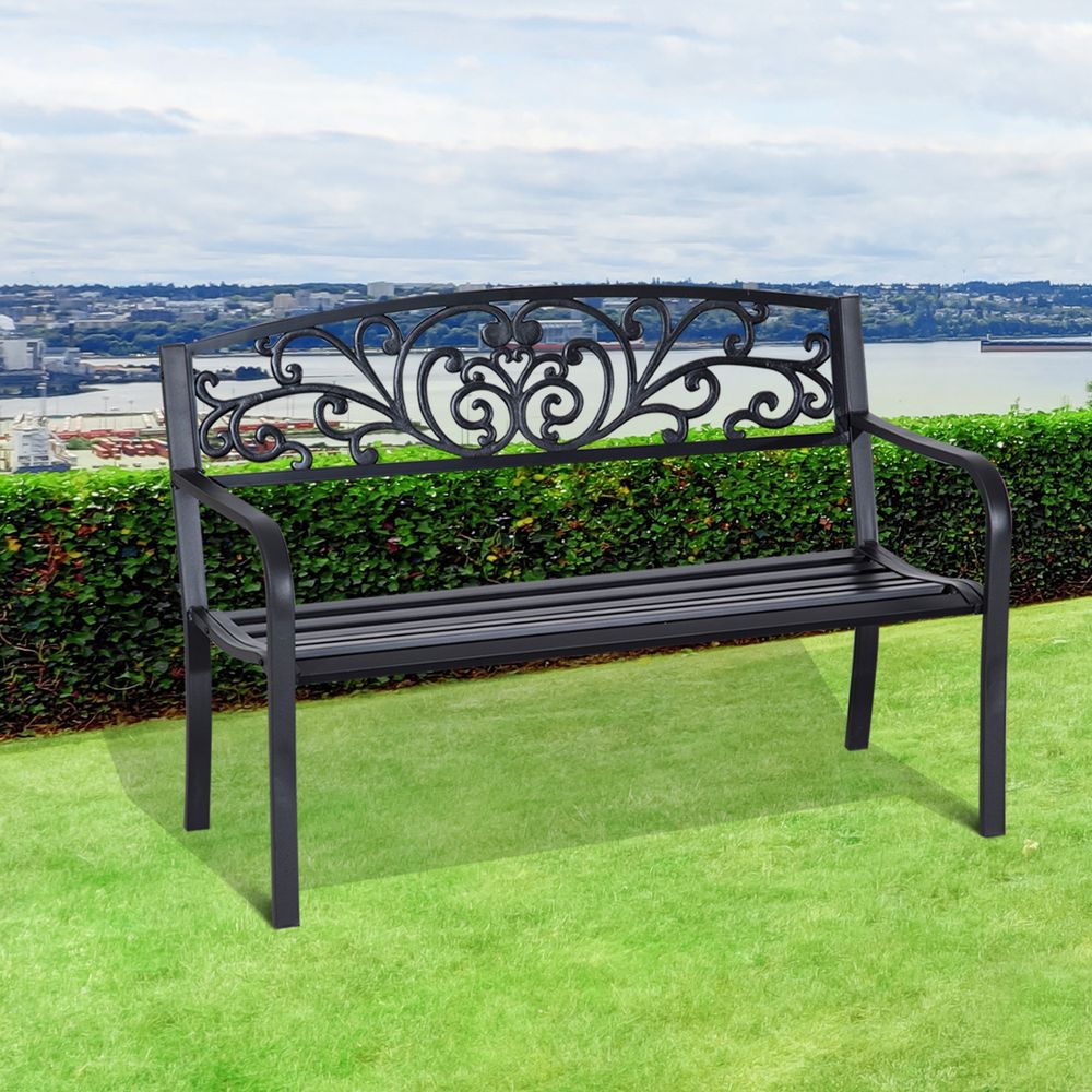 2-Seater Steel Garden Bench | Powder-Coated Black | Floral Backrest