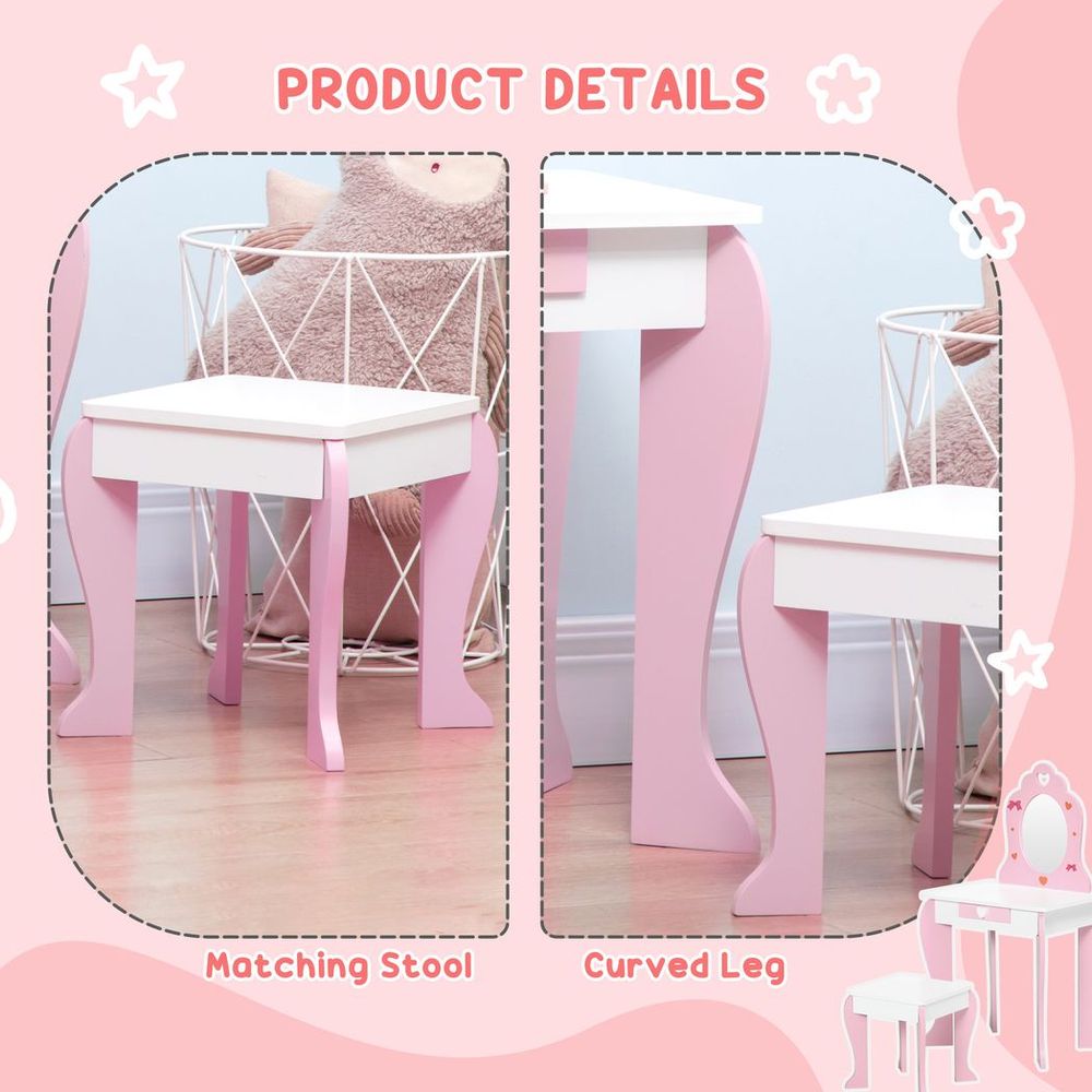 ZONEKIZ Kids Vanity Set with Mirror & Stool | Heart & Bow Pattern | Girls Dressing Table – Pink
