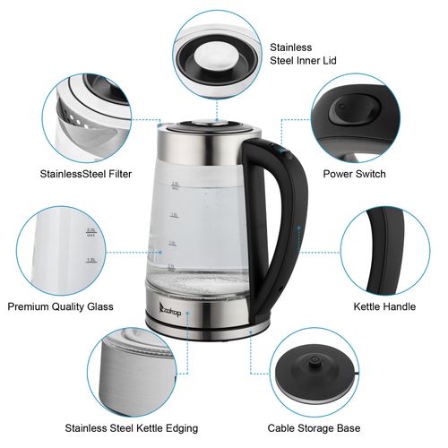 【Old Code:42128382】ZOKOP HD-250 220V 2000W 2L Blue Glass Electric Kettle