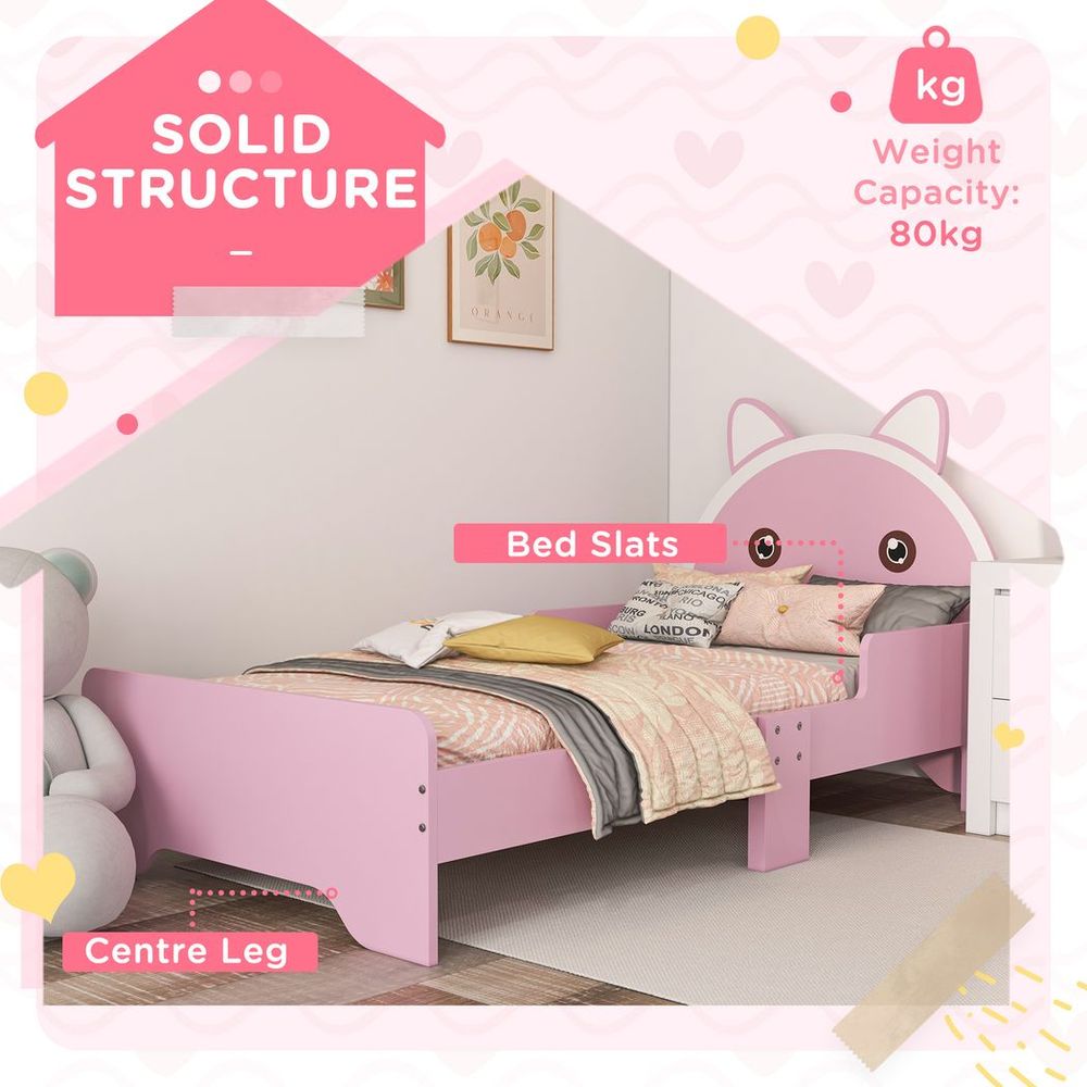 ZONEKIZ Toddler Bed Frame with Cat Design & Guardrails | Pink | 3–6 Years