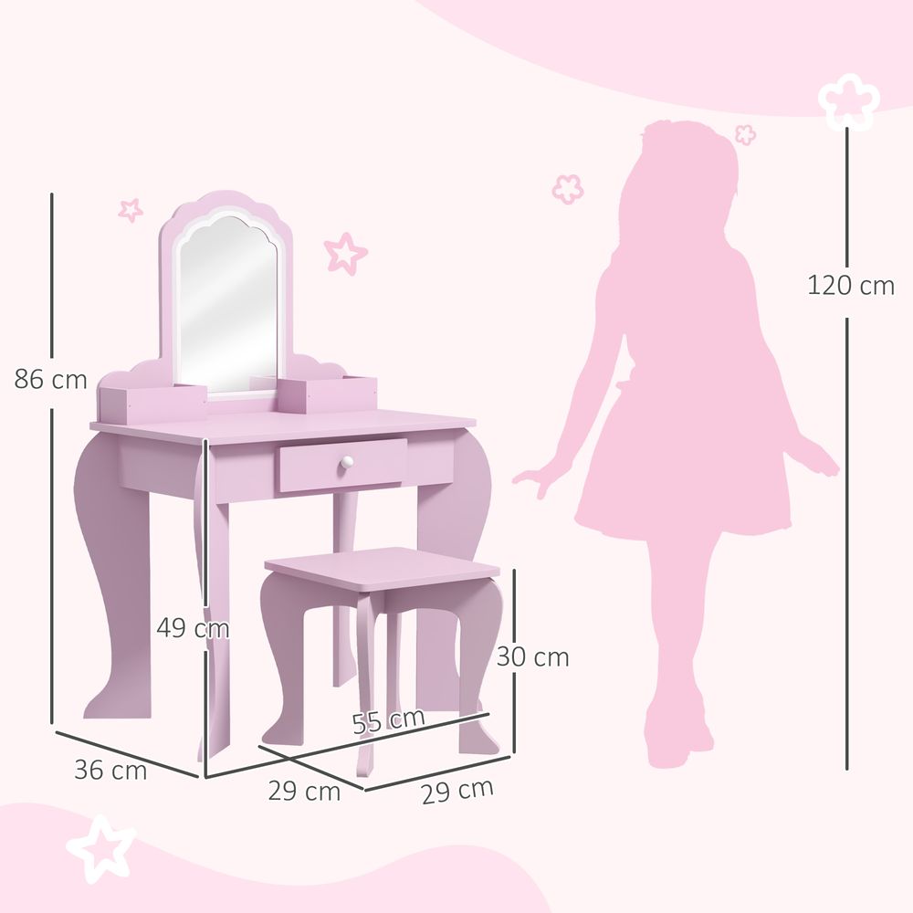 ZONEKIZ Kids Dressing Table with Mirror, Stool & Storage – Cloud Design, Pink