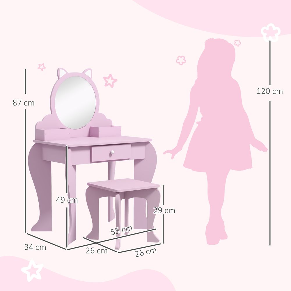 ZONEKIZ Kids Dressing Table with Mirror & Stool – Cat Design, Pink (Ages 3–6)