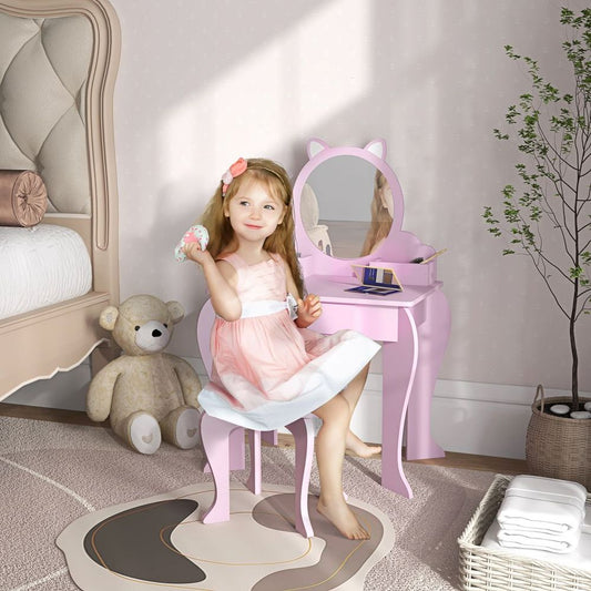 ZONEKIZ Kids Dressing Table with Mirror & Stool – Cat Design, Pink (Ages 3–6)