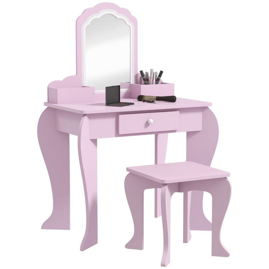 ZONEKIZ Kids Dressing Table with Mirror, Stool & Storage – Cloud Design, Pink