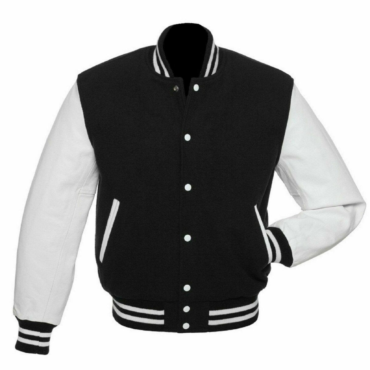 Varsity Letterman baseball jacket Wool Body & Leather Sleeves Black & White Classic