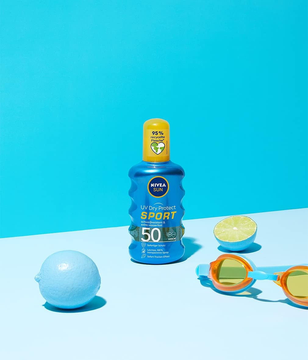 Nivea Sun UV Dry Protect Sport Transparent Sun Protection Spray SPF 50, Sweat-Resistant & Extra Waterproof, 1 X 200 Ml
