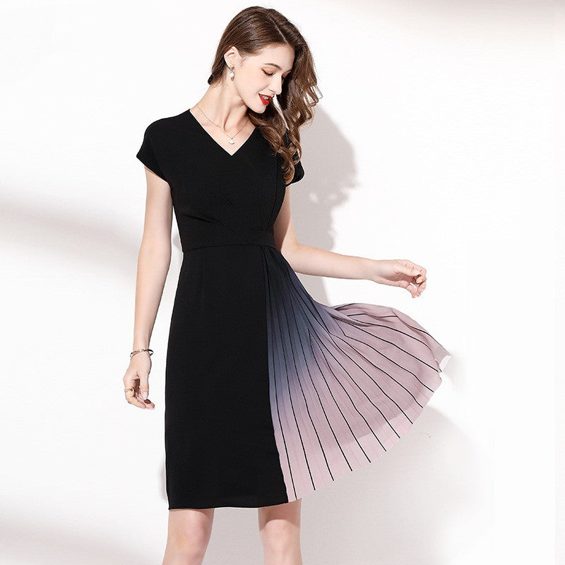 Slim Gradient Pleated Patchwork Black Dress