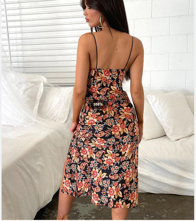Sexy Print V-neck Backless Suspender Dress For Women