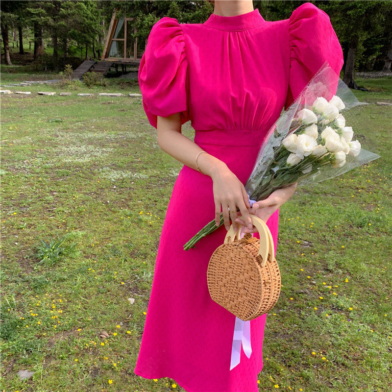 Red Strap Bubble Sleeve Backless Dress Summer