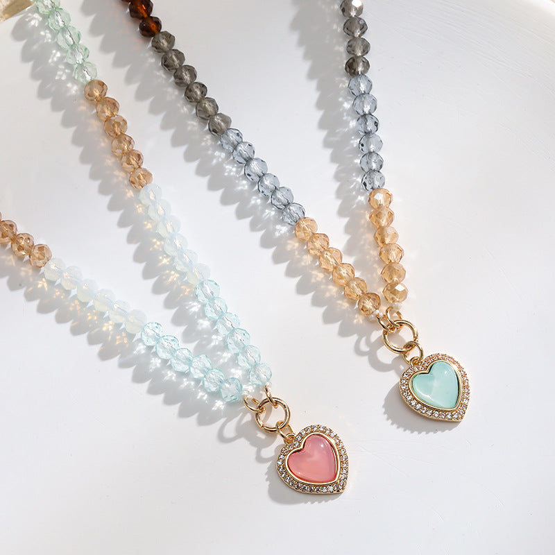 Summer Colorful Beaded Female Acrylic Copper Inlaid Zirconium Candy Color Heart Peach Necklace