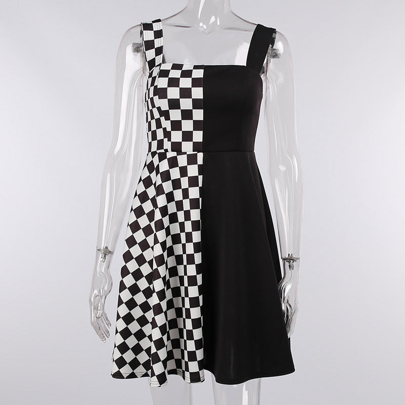 Black And White Plaid Contrast Stitching Strap Dress Female Summer
