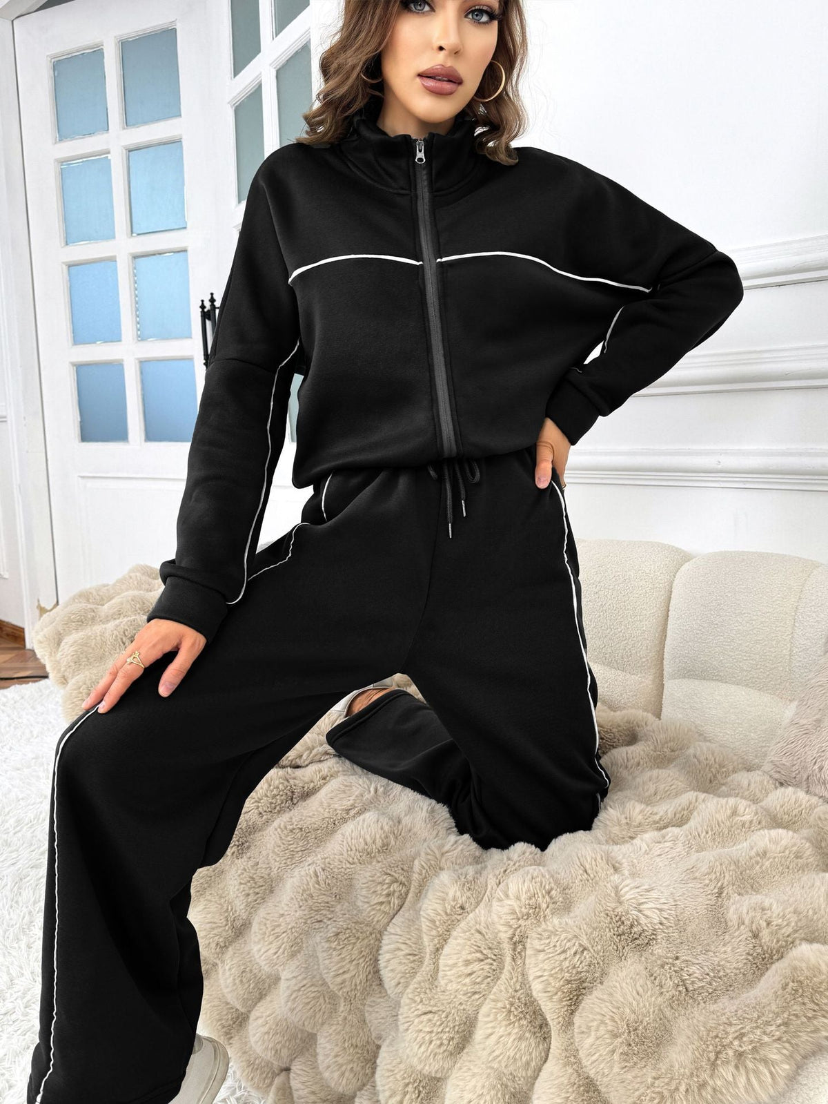 Women's Casual Long-sleeved Half Turtleneck Cardigan Sweater Lace-up Striped Trousers
