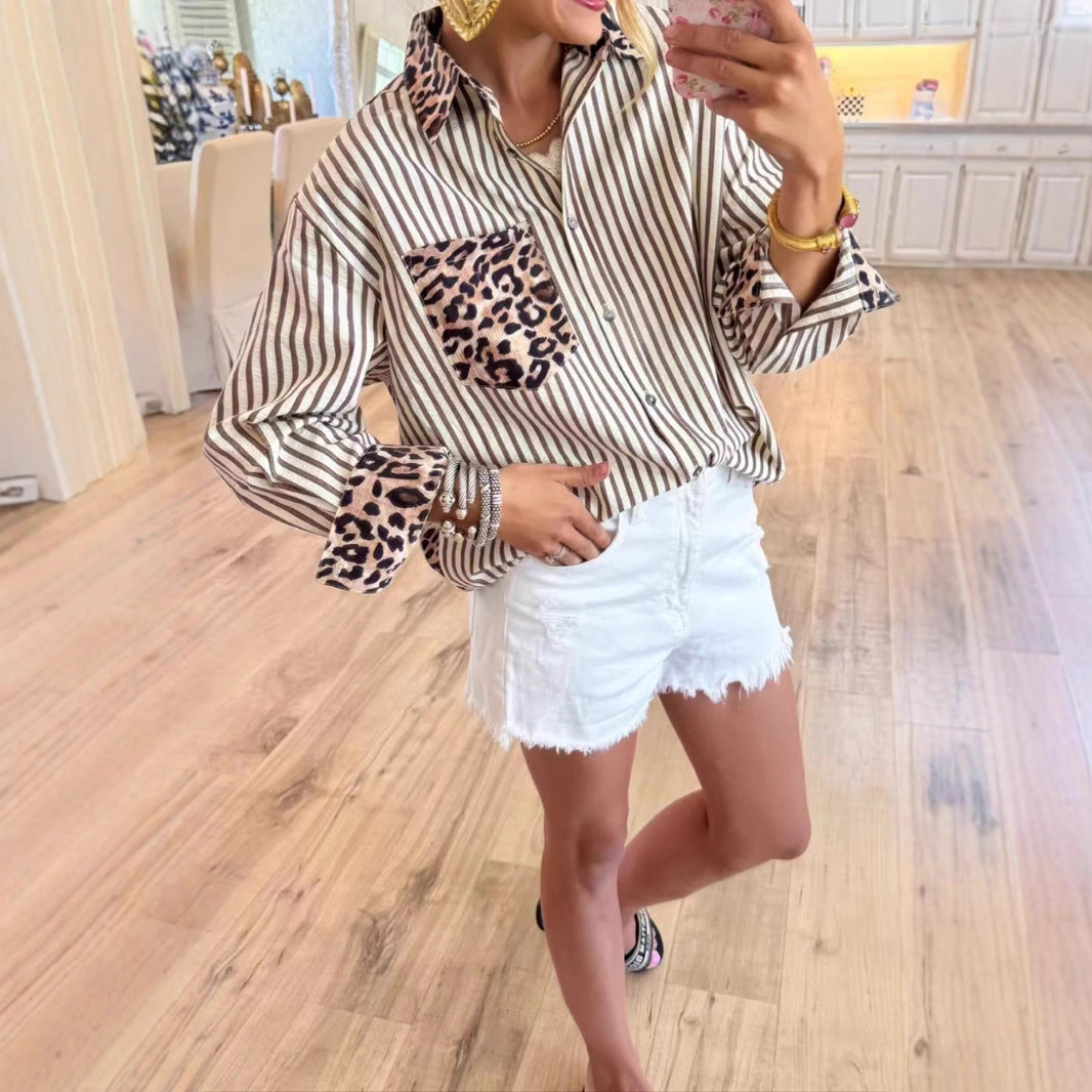 Fashionable Casual Versatile Long-sleeve Leopard-print Patchwork Cardigan Striped Shirt