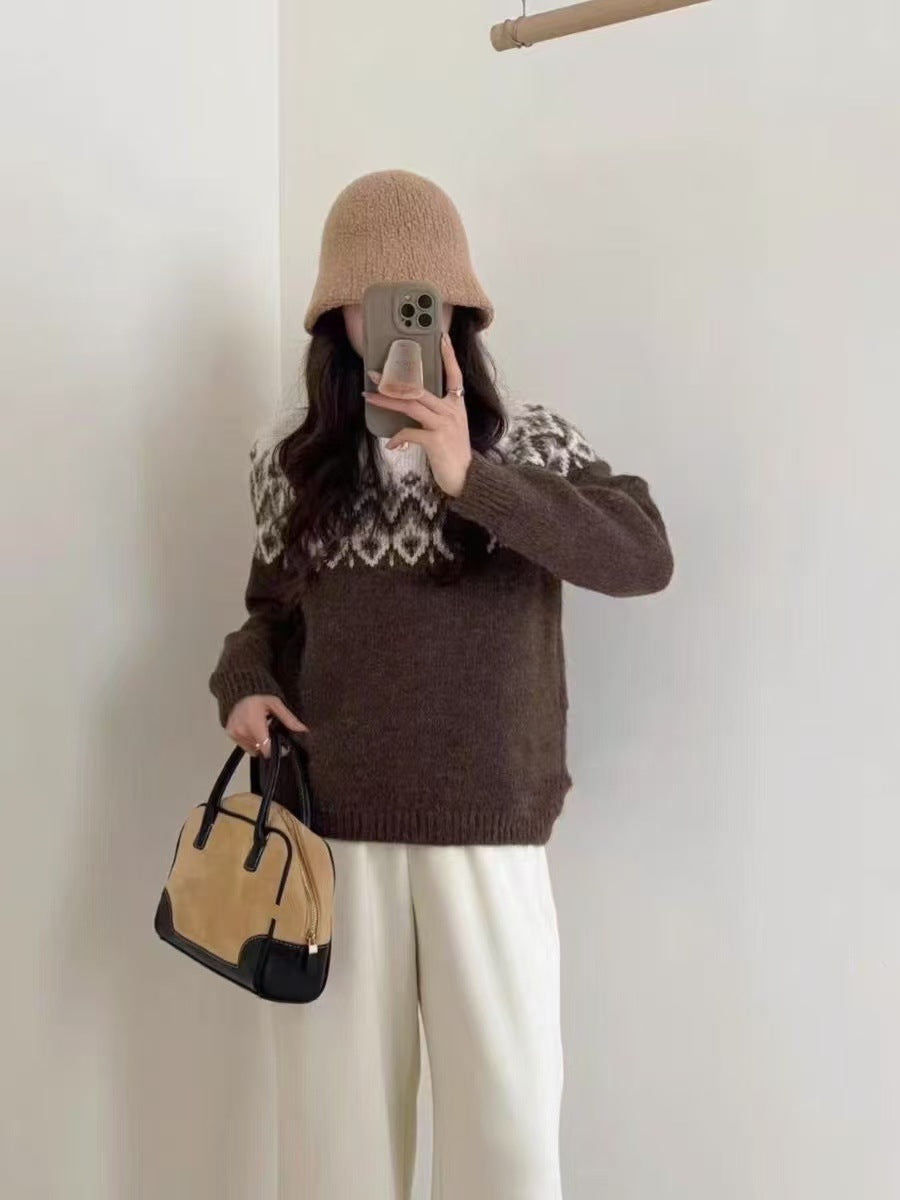 Women's Round Neck Loose Jacquard Sweater Retro Lazy