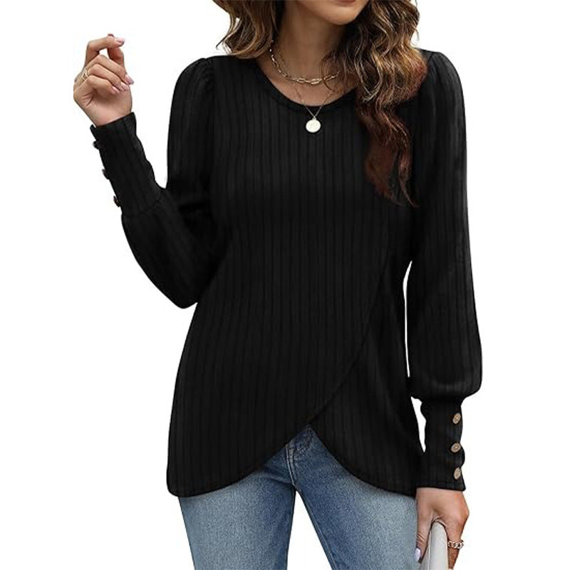 European And American Soft Bubble Long Sleeve Shirt Solid Color Round Neck Crossover Tops Women's Clothing