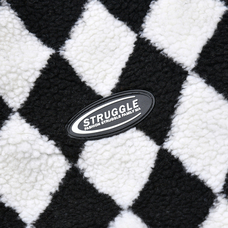 Street Black And White Plaid Leather Patchwork Lamb Wool Coat