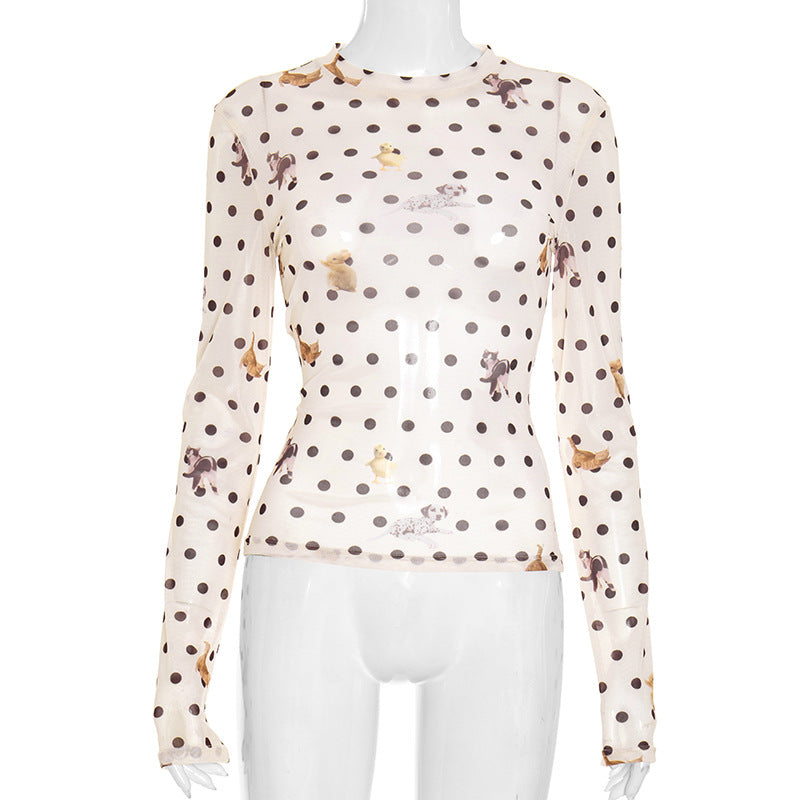 Versatile Animal And PolkaDot Printed Cropped LongSleeve Top With A Defined Waist