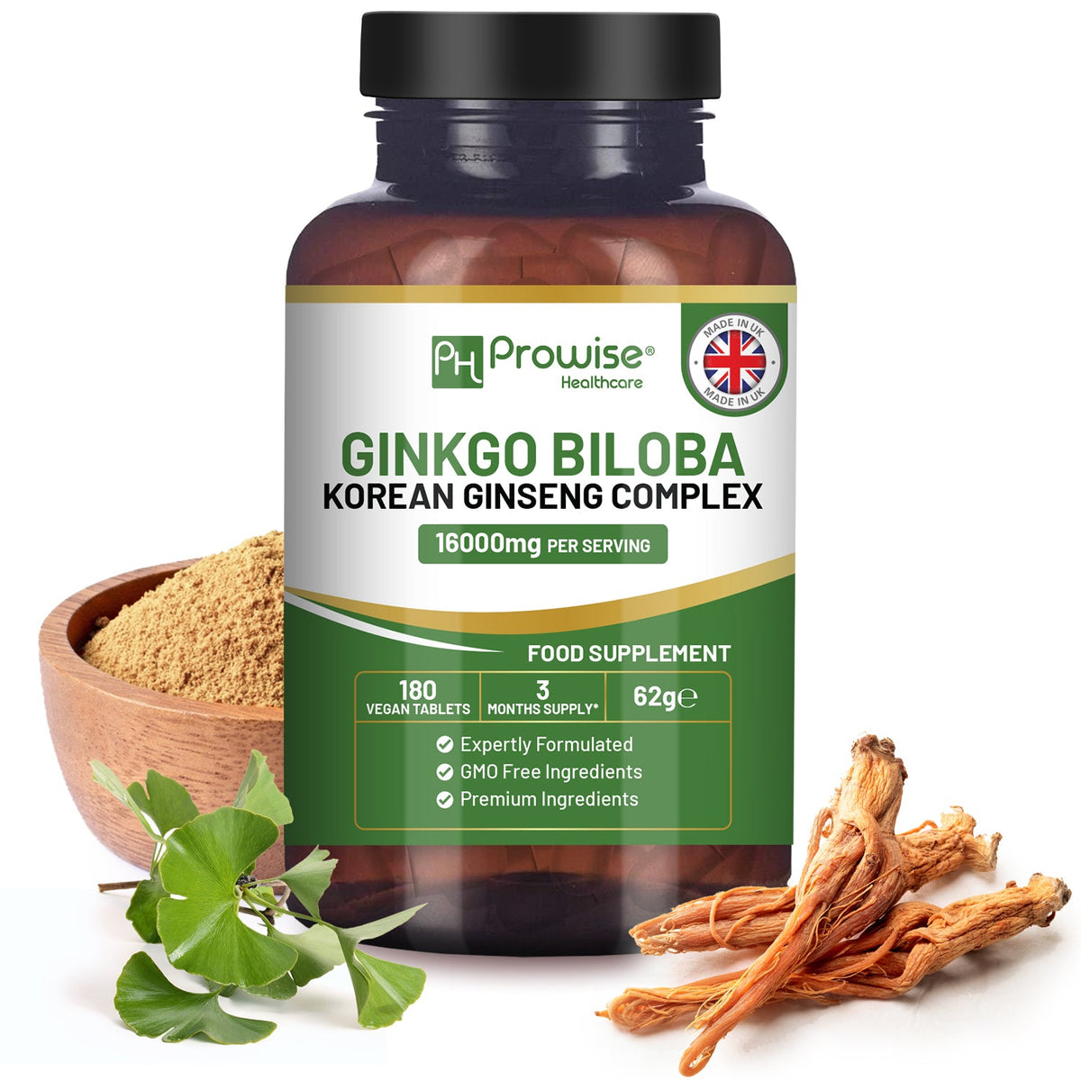 Ginkgo Biloba and Korean Ginseng Tablets 16000mg 180 Vegan Tablets by Prowise