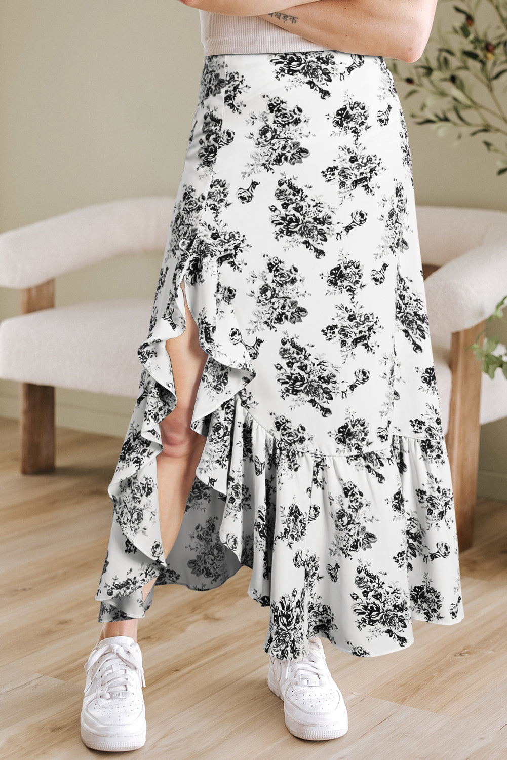 Sky Blue Boho Floral High Waist Ruffle Split Maxi Skirt