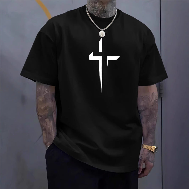 Street-style Mens Casual Loose-fit Cross-print Creative Sports Short-sleeve Top