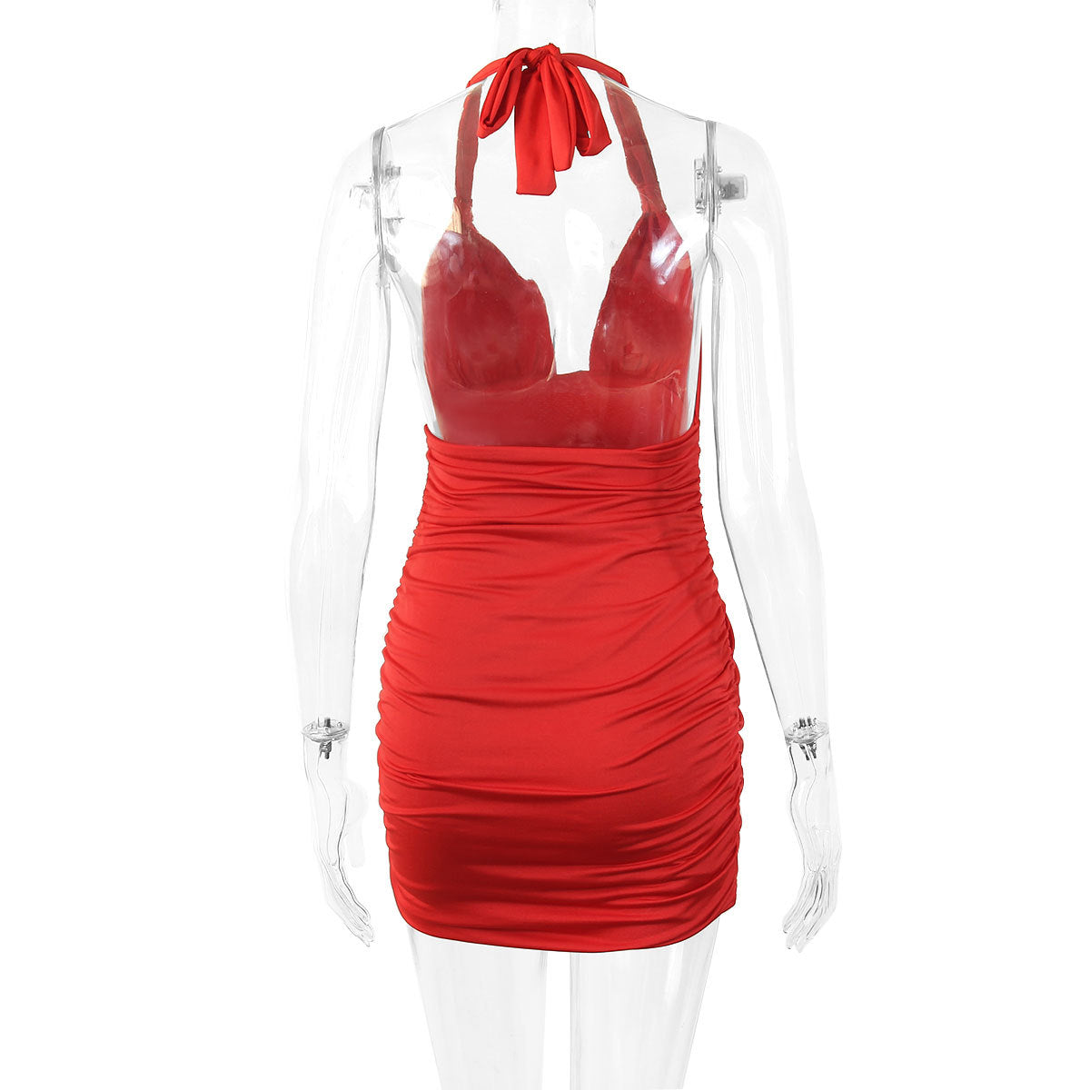 Deep V-neck Halterneck Strapless Backless Pleated Dress