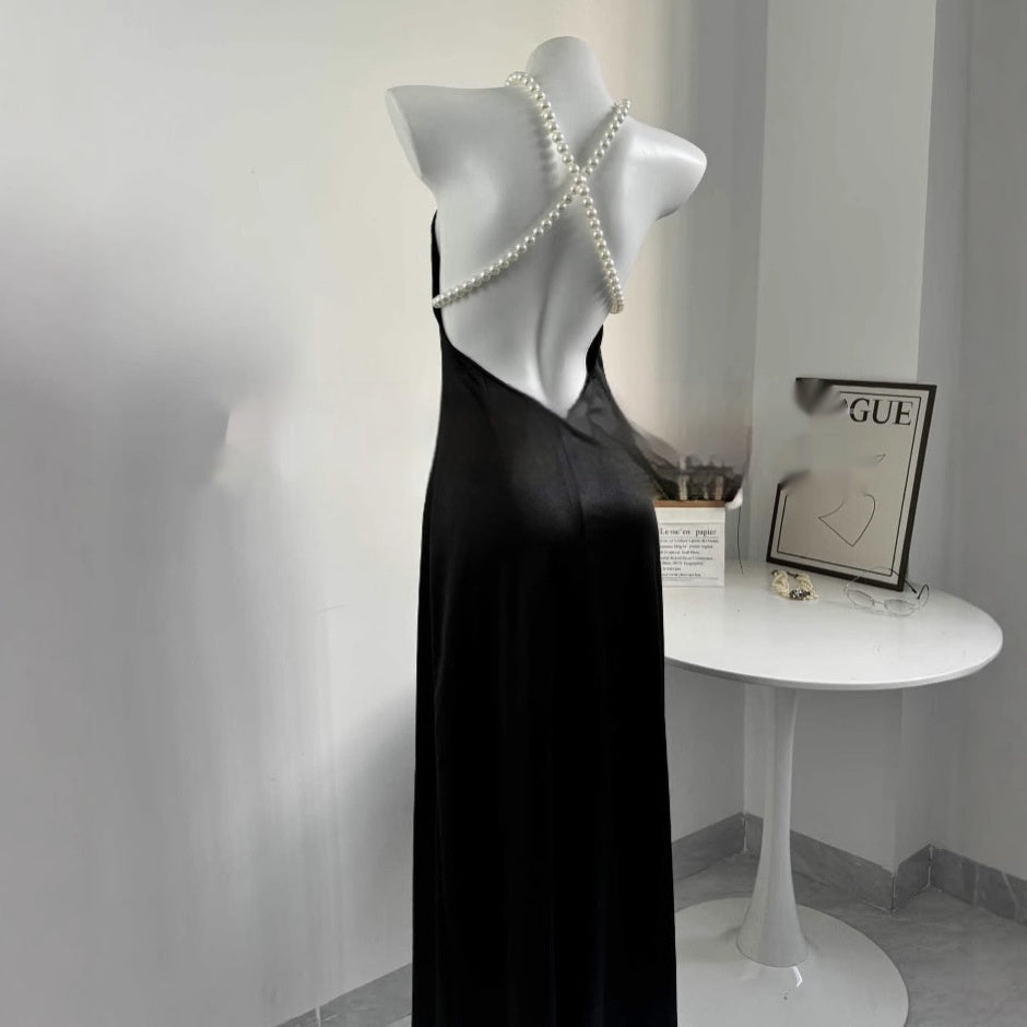 French Sexy Black Premium Halter Backless Dress Birthday Party