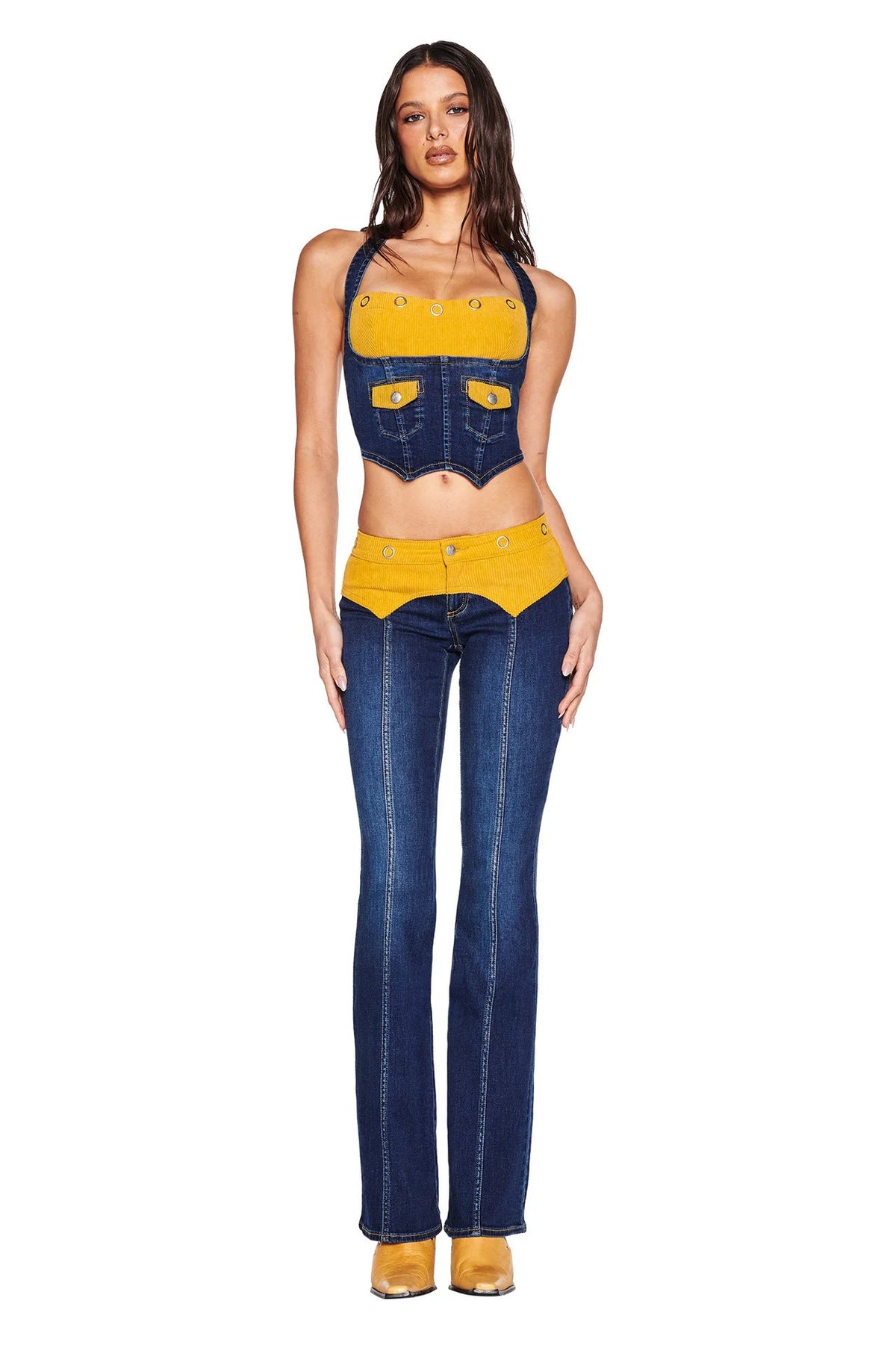 Corduroy Patchwork Denim Neck For Women