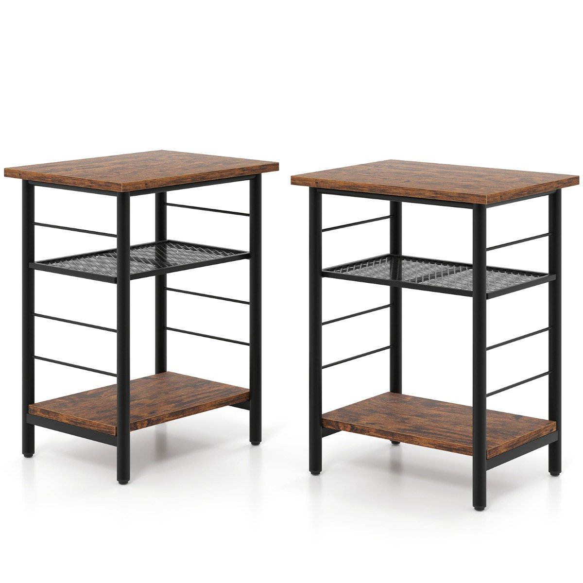3-Tier Side Table with Height Adjustable Metal Mesh Shelf-Rustic Brown