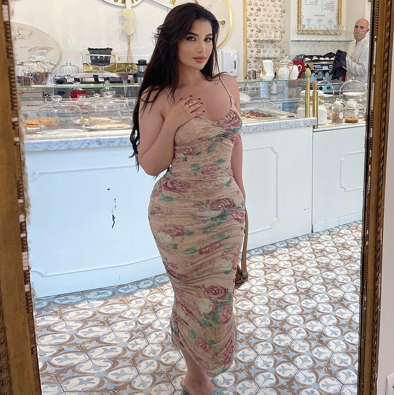Women's Fashion Print V-neck Backless Dress
