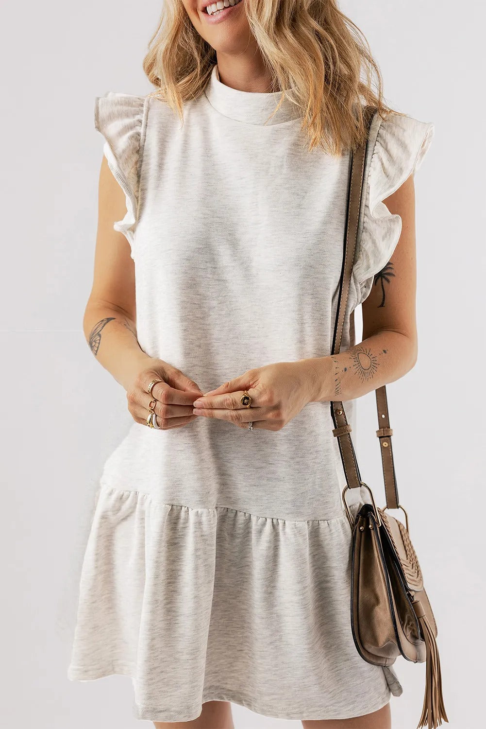 White Flutter Sleeve Crew Neck  Dress