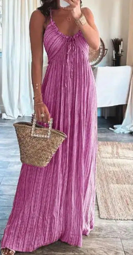 Summer New Solid Color Sexy Backless U-neck Strap Back Dress