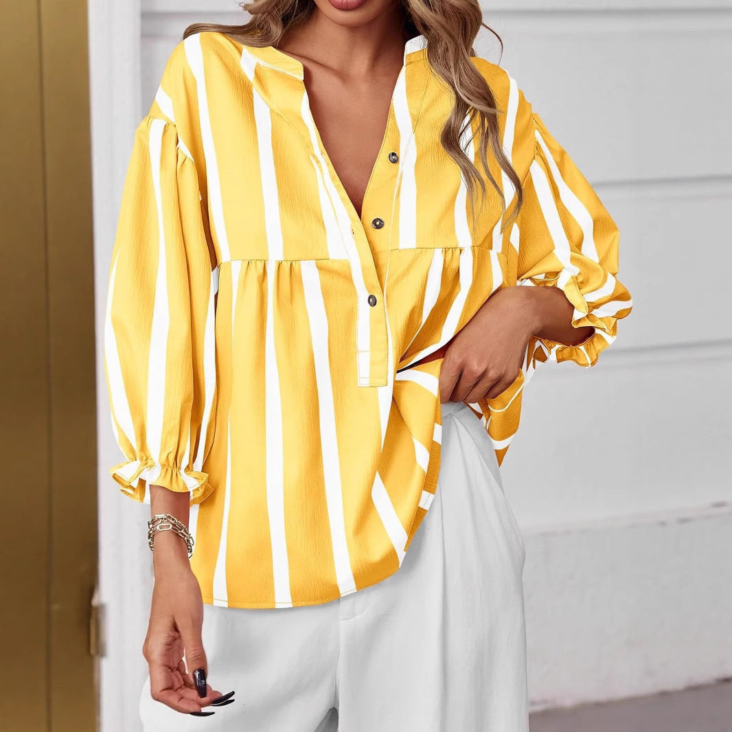 Women's Striped Puff Sleeve Top | Loose Fit Long Sleeve Pullover