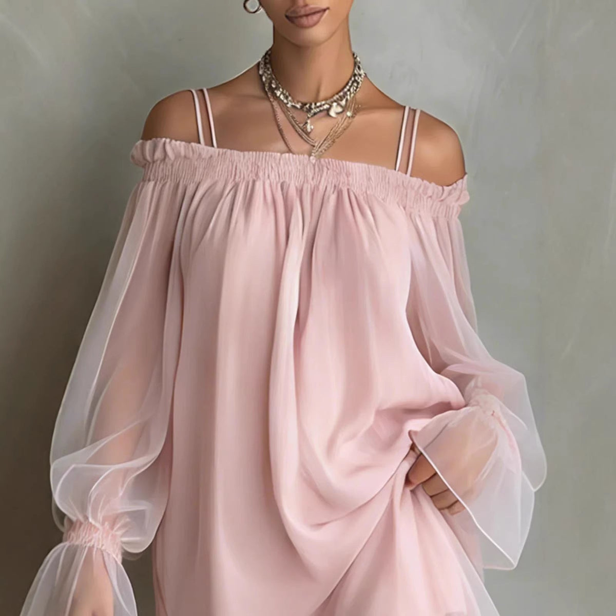 Sexy Sweet Double Strap Vestidos Off Shoulder Dress For Women Vestido Fairy Mini Loose Dresses Summer New Sheer Mesh Long Sleeve