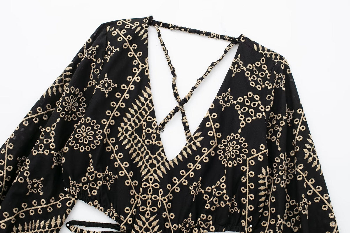 V-neck 34 Sleeves Backless Design Midi Dress