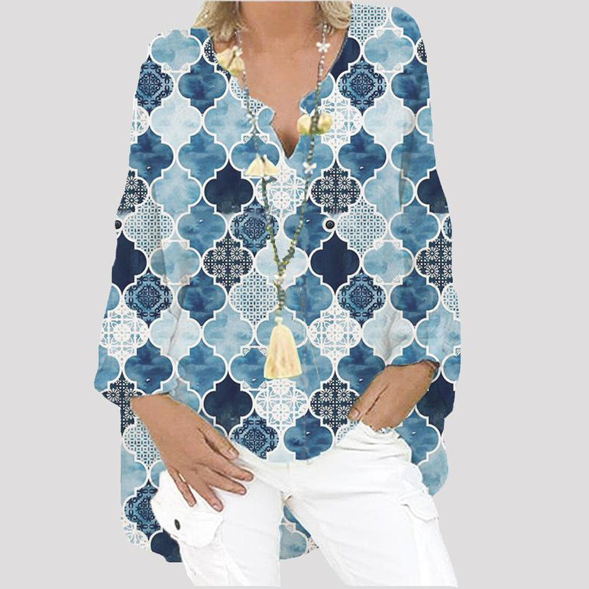 Printed Patchwork V-neck Long Sleeve Plus Size Dress