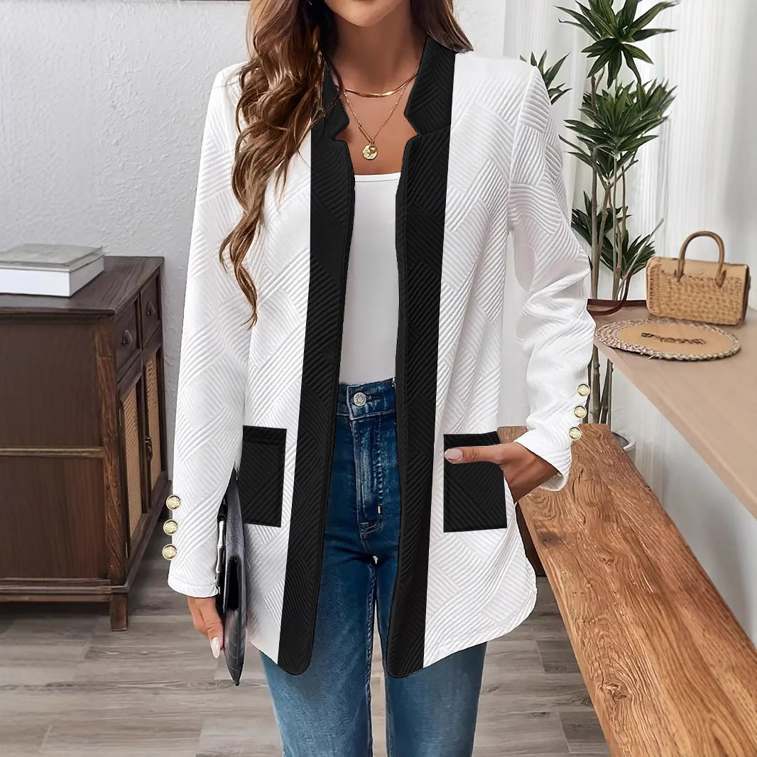 Black And White Patchwork Color Pocket Metal Buckle Suit Jacket