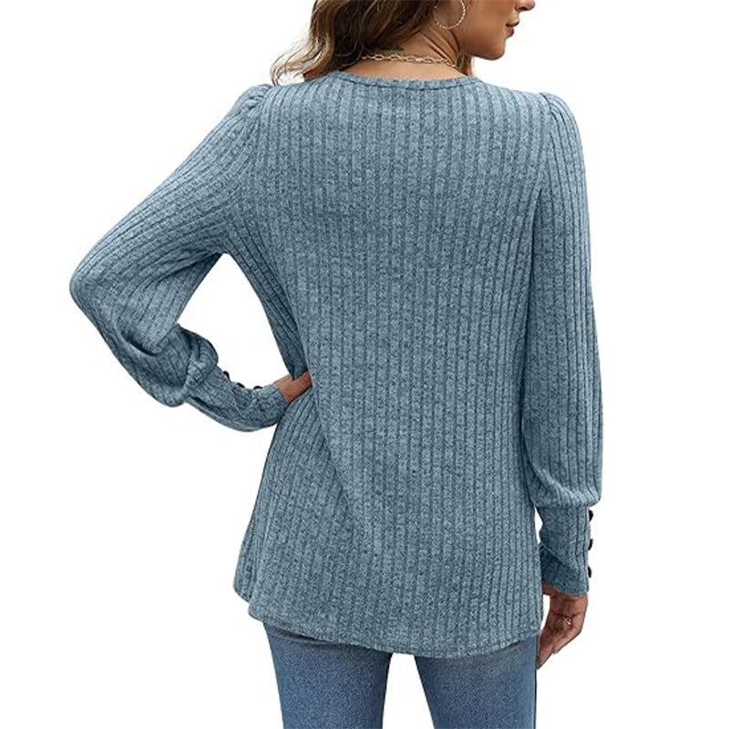 European And American Soft Bubble Long Sleeve Shirt Solid Color Round Neck Crossover Tops Women's Clothing